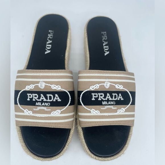 Prada Black Beige Embroidered stripe Corda platform slide espadrille EU 39.5 - Picture 2 of 6